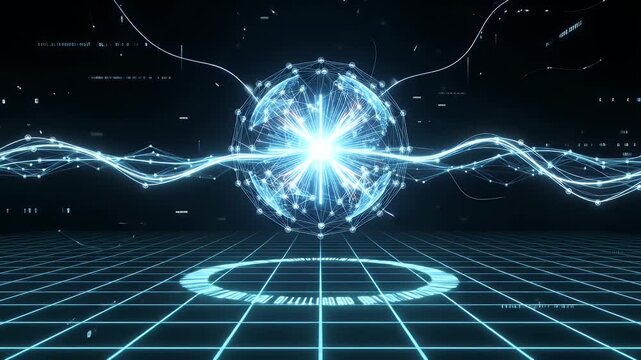 Digital Connectivity and Data Flow Visualization - This video showcases an abstract representation of a core artificial intelligence network floating above a digital grid.