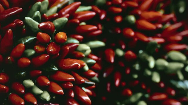 Close up of fresh red and green hot chili peppers cluster, vibrant spicy vegetable food background