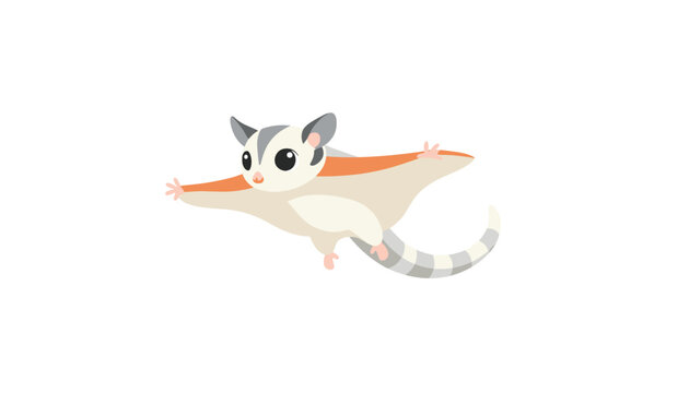 Cute cartoon sugar glider possum gliding gracefully through the air isolated on pure white background.
