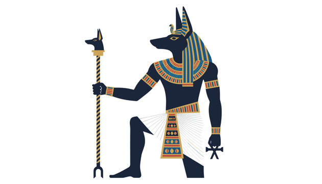 Ancient Egyptian god Anubis kneeling with scepter and ankh key isolated on white background.