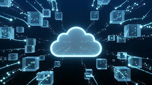 Digital Cloud Storage Concept - This video visually represents the concept of digital cloud storage, featuring transparent cubes moving data particles towards a central illuminated cloud symbol.