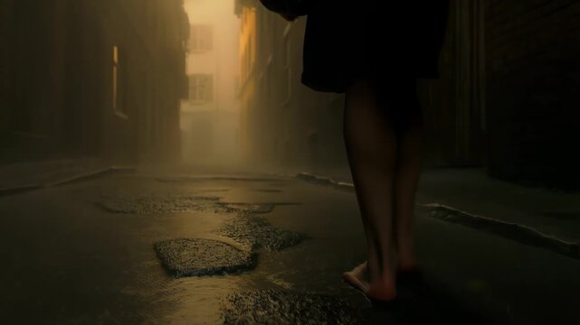 60 FPS low angle barefoot person walking through foggy wet alley at dawn with warm backlight