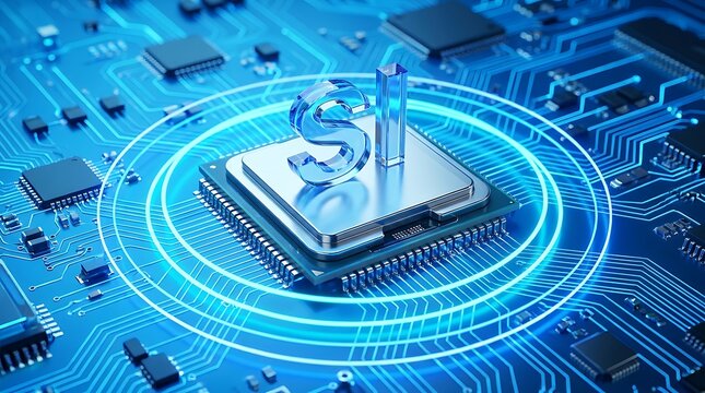 Silicon chip processor with SI letter symbol on blue motherboard