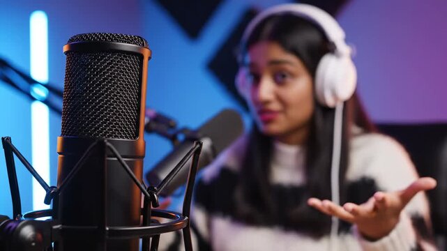 Professional Podcast Recording with close-up condenser microphone and blurred female host in neon-lit studio, ideal for digital content creation and audio production marketing.