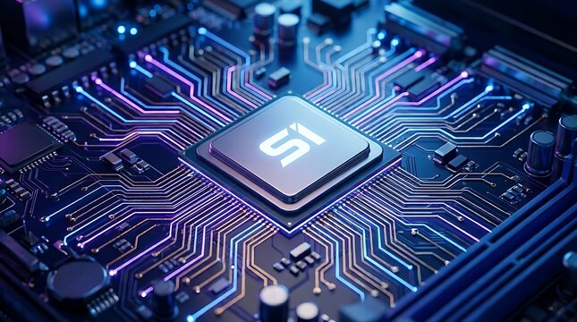 Computer processor chip on motherboard with glowing blue and purple