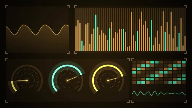 Futuristic data dashboard HUD with graphs and gauges loop 4K