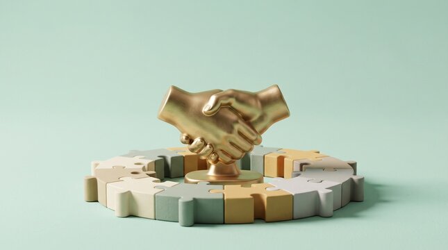 Golden Handshake Concept Representing Business Partnership and Strategic Collaboration Success Within a Circular Interlocking Puzzle Design