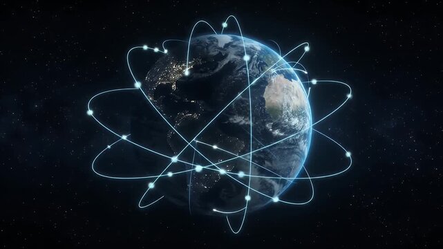 Global Satellite Communication Network Around Earth - This striking digital illustration depicts Earth surrounded by multiple glowing orbital paths representing satellite communications.