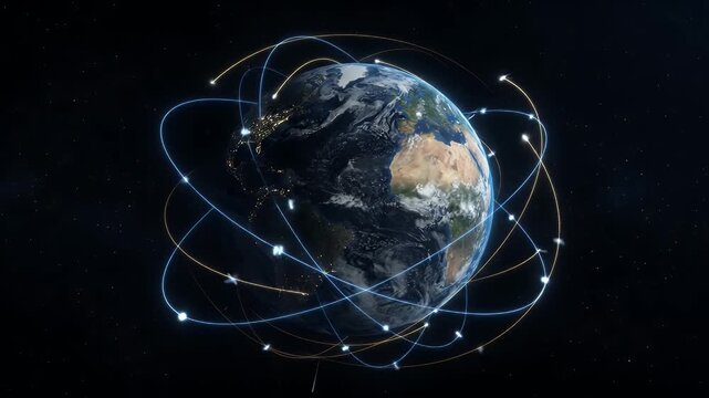 Global Satellite Communication Concept - This video depicts a digital representation of Earth surrounded by multiple glowing orbital paths, symbolizing satellite communication networks.