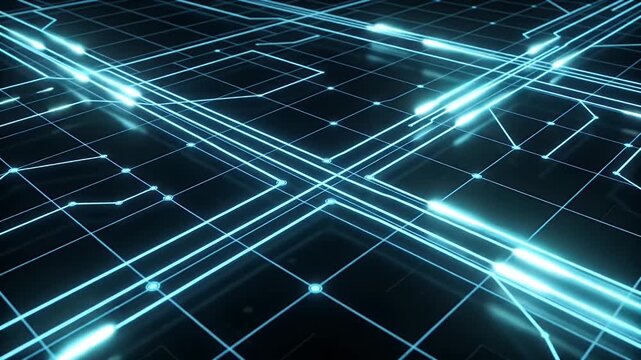 Futuristic Network Grid with Fiber Lines - This video showcases a dark futuristic grid illuminated by bright fiber lines representing a high-speed network backbone.