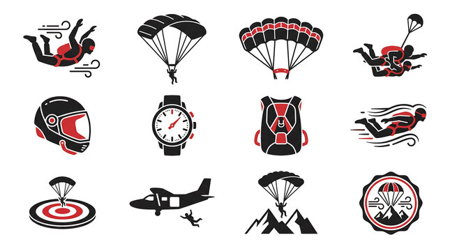 Set of skydiving and parachuting icons featuring extreme sports equipment and skydivers in action.
