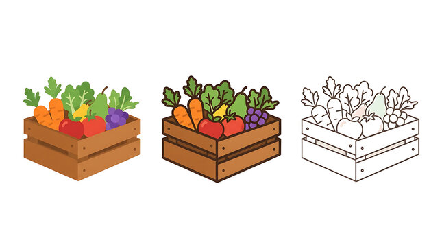Wooden crate with fresh vegetables and fruits isolated clipart set