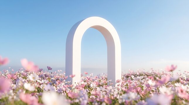 White arch in wildflower meadow with pink cosmos flowers under clear
