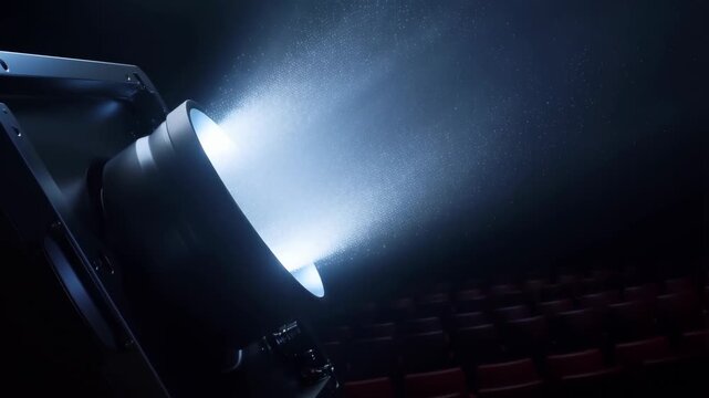 60 FPS Close up cinema projector beam cutting through dust particles over empty theater seats