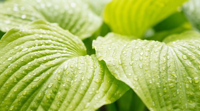 Fresh hosta leaves with water droplets in a lush garden setting with