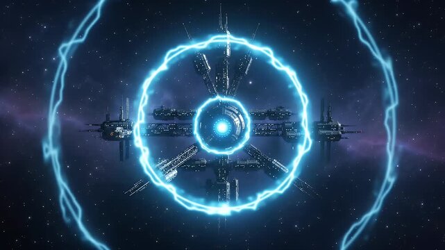 Space Station Communication Hub in Deep Space - This video showcases a futuristic space station with multiple glowing signal rings expanding outward into the vastness of deep space.