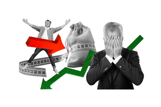 Composite photo collage of two hopeless business people arrow down dollar inflation money bag recession tape isolated on painted background