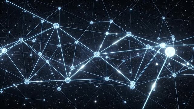 Luminous Space-Time Data Network Visualization - This video depicts a stunning visualization of a space-time data network, featuring luminous lines interconnecting nodes against a starry background.