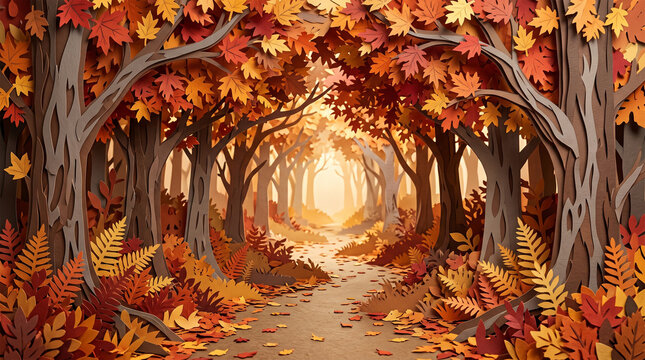 Papercut autumn landscape background with fall forest trees and path, ideal for seasonal banner and card design.