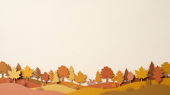 Paper cut style autumn fall landscape background for seasonal banner and card design