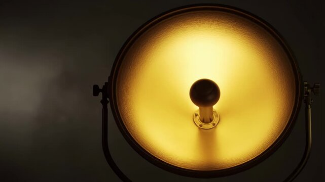 60 FPS close up of vintage parabolic studio spotlight switching on then fading to dark