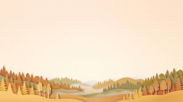 Paper cut style autumn landscape background with forest hills for seasonal banner and presentation design