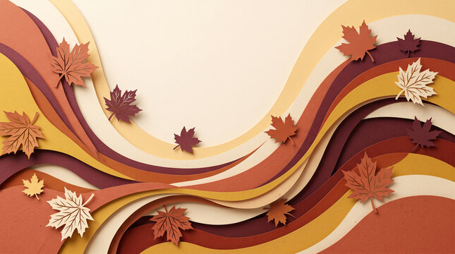 Papercut autumn background with layered waves and falling leaves for fall banner, greeting card, and seasonal promotion