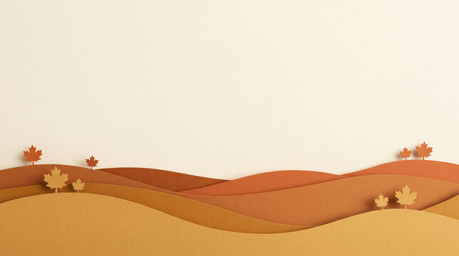 Paper cut autumn background and fall landscape with hills and leaves for seasonal banner template