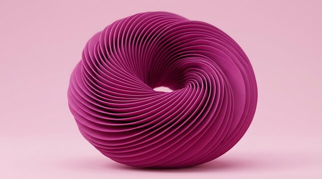 Magenta abstract spiral sculpture with paper layers on a soft pink