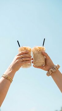 Two hands clinking iced coffee drinks with straws on clear sky