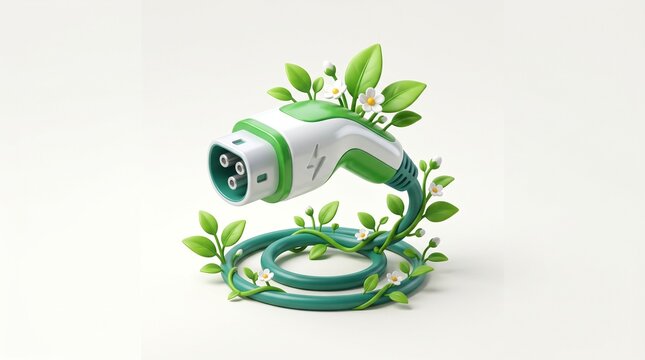 Electric vehicle charging station with green leaves and cable eco