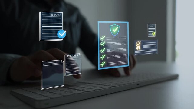 Insurance policy and document verification concept with digital security, risk assessment, compliance and professional business protection.
