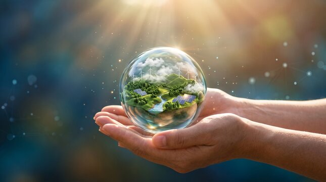 Earth globe ecosystem held hands sunlit cosmic background with copy