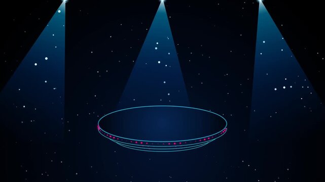 Futuristic Blue Neon Podium With Glowing Spotlights And Floating Dust Particles In Deep Space