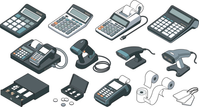 Vector collection of electronic cash registers, barcode scanners, calculators, credit card payment terminals, and cash drawers for retail checkout store concepts
