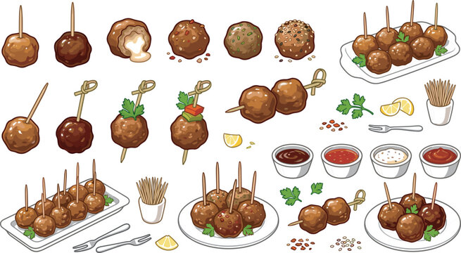 Vector set of party food meatball skewers, delicious appetizers with dipping sauces, cheese stuffed bites, 
