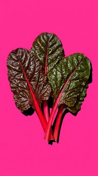 Fresh swiss chard leaves with vibrant red stems arranged on a bright