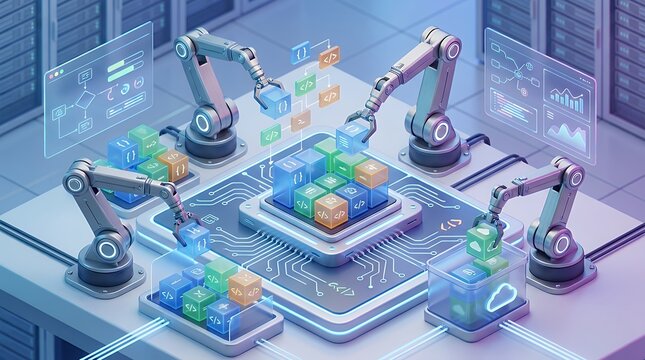 3D isometric showing automated robotic mechanical arms interacting with digital code blocks and programming elements for high tech software web development and automated workflow robot arm