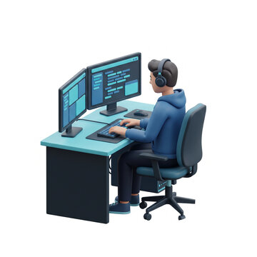 A sticker of a software developer typing at a desk with two screens