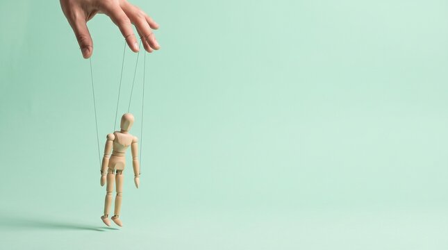 Wooden mannequin puppet controlled by a human hand and strings as a metaphor for social manipulation and control