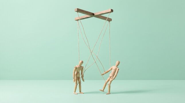 Wooden puppets connected by strings on a green background, symbolizing control and manipulation