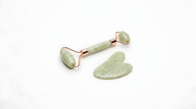 Green Jade Roller and Heart Stone on White Background