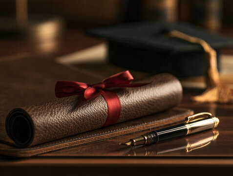 Leather diploma scroll with crimson ribbon, mortarboard and pen on polished desk. Warm light highlights texture and shallow focus. Right negative space for text. Sharp image for graduation marketing.
