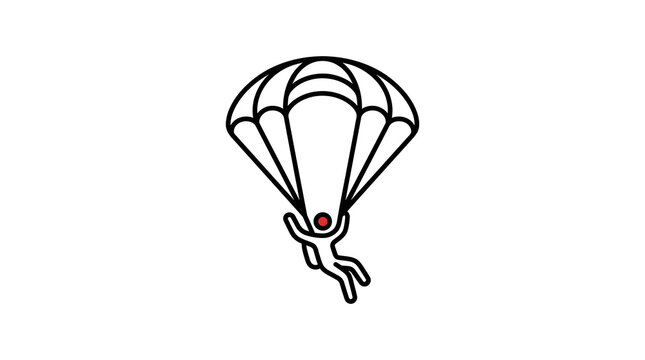 Minimalist line art icon of a person parachuting with a red dot accent.