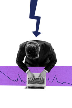 Creative artwork template sketch image 3D collage of arrow down young man type laptop investor finance inflation down bankruptcy economy