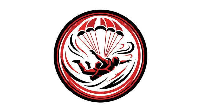 Stylized circular vector illustration of a skydiver in free fall with a parachute.