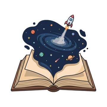 Open book with space galaxy and launching rocket vector illustration isolated