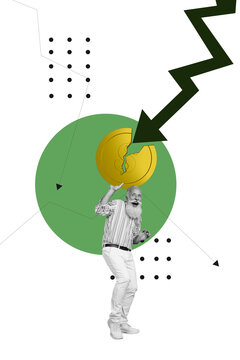 Composite trend artwork sketch collage of business bankruptcy loss money aged man suffer huge broken coin arrow down recession reduction