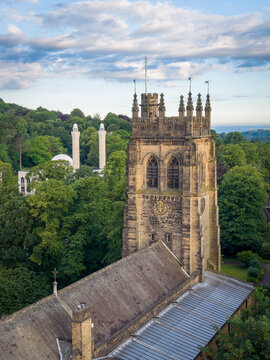 Aerial View of St Silas Church Tower with Masjid e Vali Minarets Among Trees, Blackburn, Lancashire