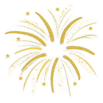 Sparkling Gold Glitter Fireworks Explosion With Stars On Transparent Background. Ideal for Holiday or Celebration.
